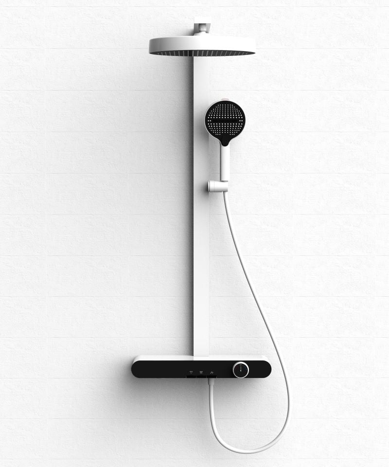 LEEGO white shower system, featuring overhead rain shower and lower water outlet